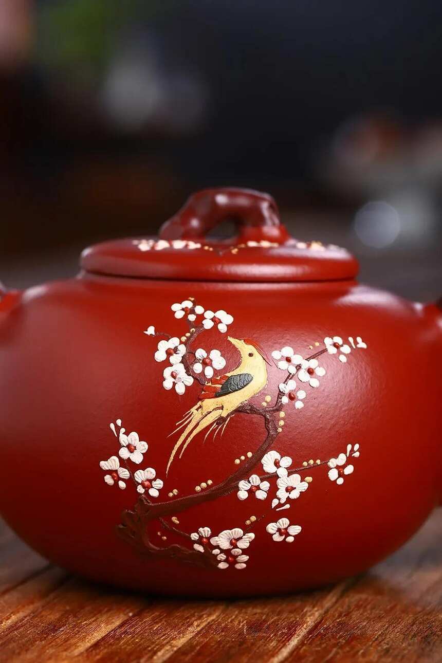 《鸟语花香》唐田 国工艺美术师，300cc，宜兴原矿紫砂壶，大红袍