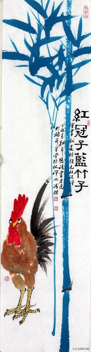 蓝竹子配红冠子，好一幅颇有诗意的金鸡图｜文人画家冯杰作品