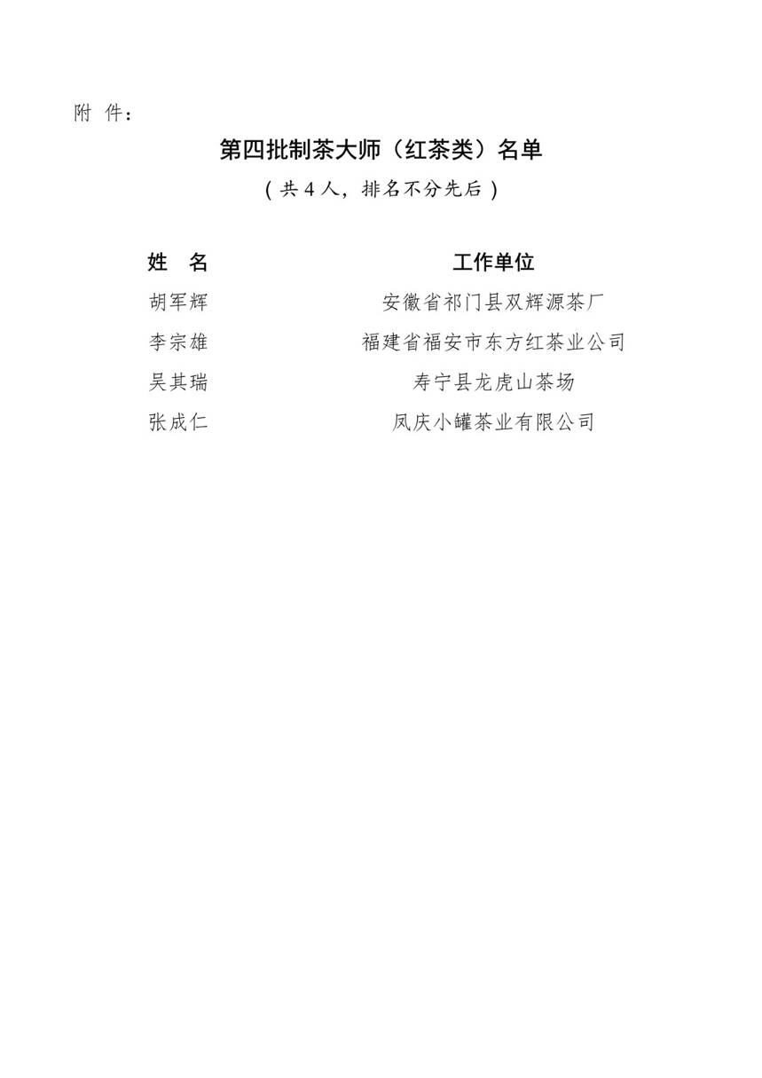 李宗雄获中国制茶大师称号——关于公布第四批制茶大师名单的通知