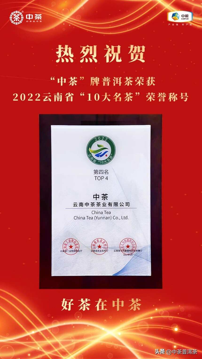 喜报丨“中茶”牌普洱茶荣获2022年云南省“10大名茶”荣誉称号